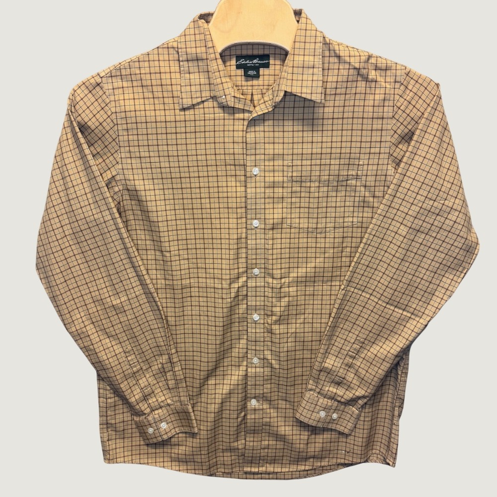 2322 | Eddie Bauer Wrinkle Resistant Classic Fit Plaid Button Down Tan Mens TXL